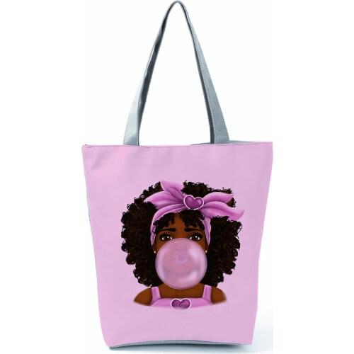 Fashion Printed Cool Afro Girl Ladies Handbags Eco Reusable Portable Beach Bags for Women Hot Sale Female Shopping Shoulder Bag