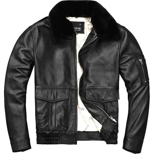Mens Genuine First Layer Cowhide Autumn/Winter Black Fur Collar Short Leather Jacket Slim-fit Flight Suit Cowhide Jacket XL
