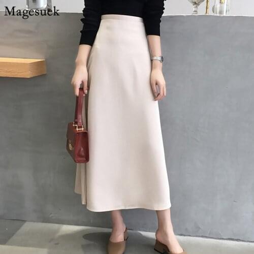 Casual Solid Satin Silk Womens Skirt 2021 Spring Summer Long Skirts For Women Zipper A-line High Waist Women Skirt Faldas 13219