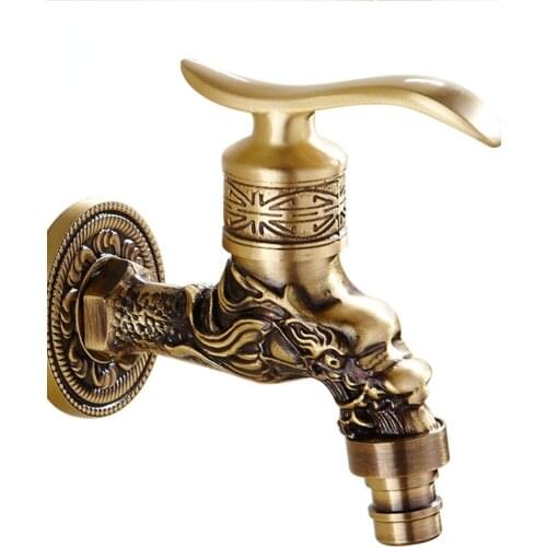 Carved Wall Mount Bibcock Brass Retro Tap Decorative Outdoor Garden Taps Washing Machine Mop Luxury Antique WC Faucet