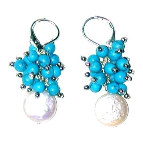 New Classic Favorite Pearl Store Stunning 12mm White Real Coin Pearl Blue Turquoise Drop Earrings S925 Silver Hook Lady Gift