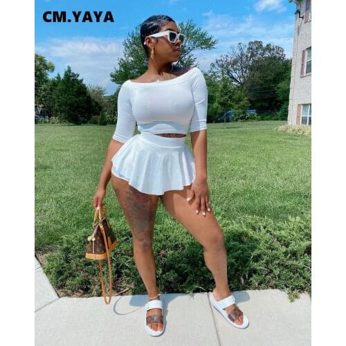 CM.YAYA Summer Sport Tennis Sweatsuit Womens Set Half Sleeve T-shirt and Shorts Skirts Matching Two 2 Piece Set Tracksuit