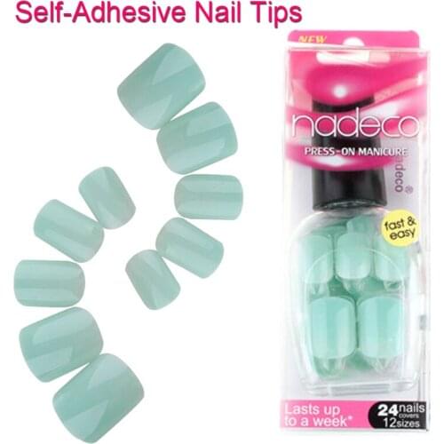 12Sets Full Cover Light Sky Blue Self-Adhesive Fake Nail Polish Tips Colored Glued Blue Green False Nails French Manicure RCP-15