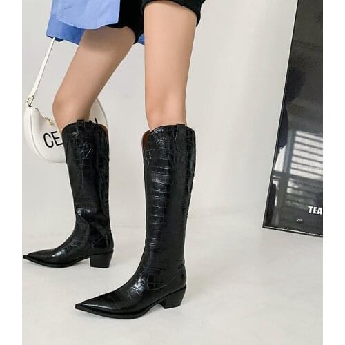 QZYERAI 2021 Genuine Leather Knee High Boots Women Long Boots Winter New Cowboy Knight Boots Feminina WESTERN