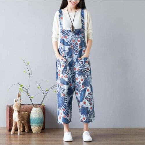 Mori Womens Fashion Printing Adjustable Denim Nine-points Jumpsuit Retro Washed Distressed Loose Casual Jeans