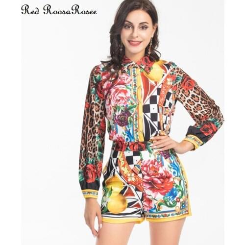 Red RoosaRosee Fashion Spring Autumn Women Turn-down Collar Long Sleeve Floral Print Blouse + Shorts Sets Female Suits Twinsets