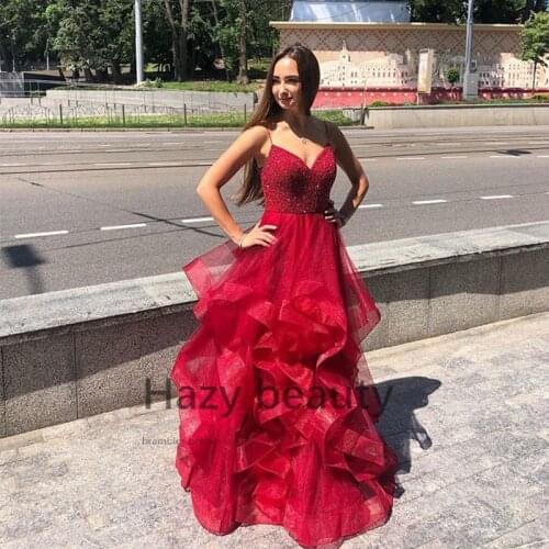 Spaghetti Straps A-line Long Prom Dress Burgundy Wine Tiered Tulle Beading Formal Party Dress 2019 Robe De Soiree New Prom Gowns