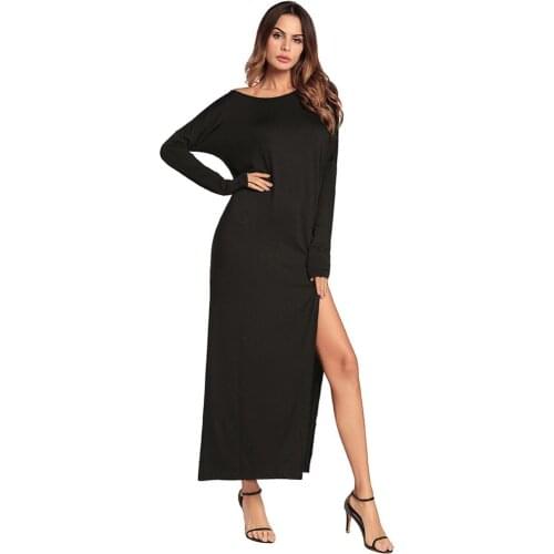2019 spring and summer new womens solid color loose long-sleeved high-split fork long sexy machine oblique shoulder dress