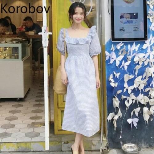 Korobov 2020 New Ruffles Women Dress Vintage Elegant Plaid High Waist A-Line Dresses Preppy Style Sweet Chic Vestidos Femme