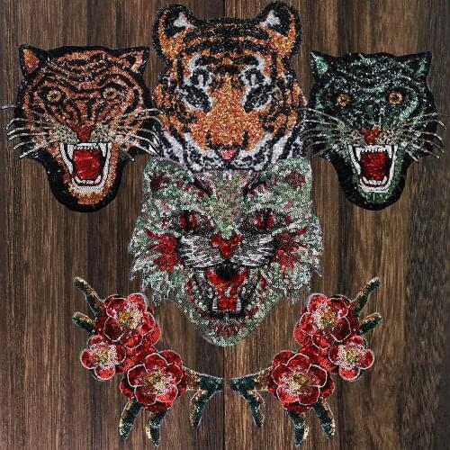 1set Sequins Embroidered Large Tiger Leopard Flower Head Sew On Patches Applique DIY Sweater Accessory