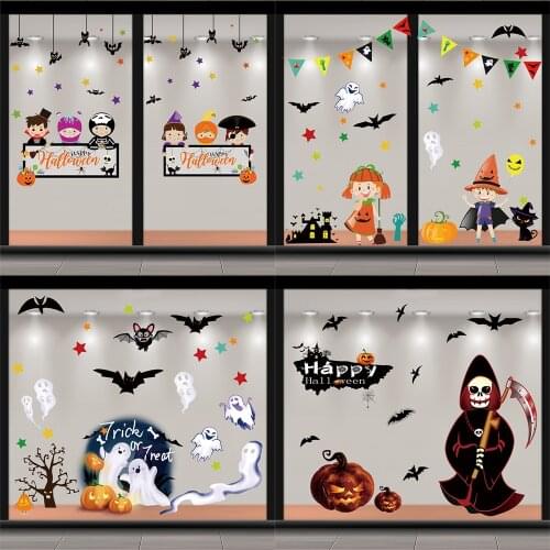 2021 Halloween Wall Stickers Pumpkin Bat Spider Ghost Paste Static Mirror Glass Window Stickers Halloween Decor Party Supplies