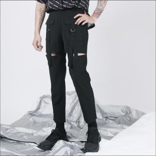 27-44 New Pocket Decorative Trousers Leg Split Middle Waist Casual Tapered Nine Points Feet Pants Mens Trousers Four Seasons