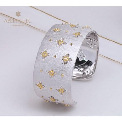 18K Gold Tone Celtic 3 Row Clovers Wide Bangle 925 Silver Fabric Silky Stars Pattern Wedding Bracelet Renaissance Fine Jewelry