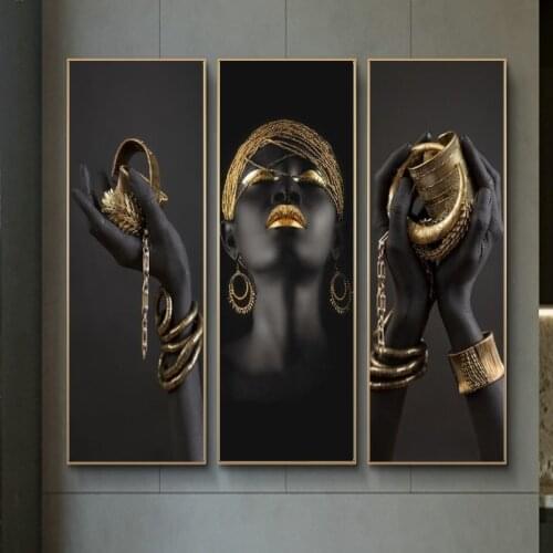 African Woman Art Paintings On the Wall Art Posters And Prints Black Hands Holding Golden Jewellery Canvas Pictures Home Decor