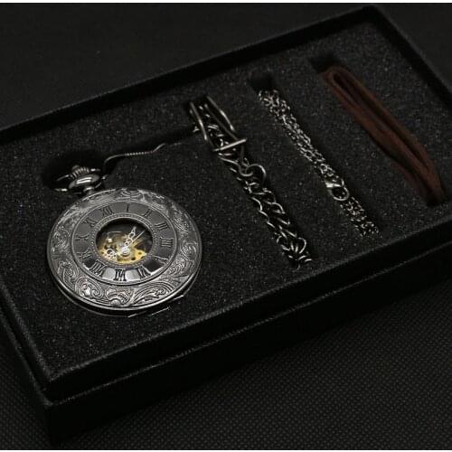 Vintage Black Classic Hollow Skeleton Mechanical Hand Wind Roman Numerals Pocket Watch Pendant Chain Luxury Clock+Gift Box