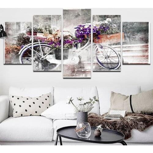 Hd Canvas Painting Modern Plant Romantic Purple Flower and Bicycle Art Poster Home Decor Bedroom Five-Piece Mural Without Frame