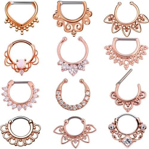 1PC 16g Tribal Indian Nose Hoop Piercing CZ Gem Ear Septum Clicker Rings Jewerly Rose Gold Fake Clip on Non Piercing Nose Rings
