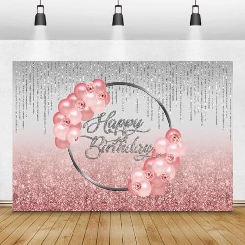 Laeacco Birthday Photozone Silvery Pink Glitters Balloons Frame Flowers Party Decor Photography Backdrops Backgrounds Photocall