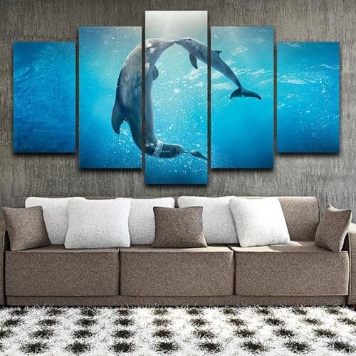 5 Pieces Dolphins Blue Ocean Modular Hd Printed Modern Canvas Painting Wall Art Pictures Living Room Home Decor Posters