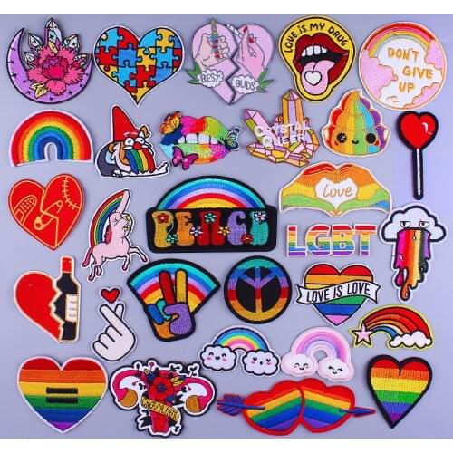 Cartoon Patch Rainbow Flag Heart Gay Stripes Embroiderd Patches for Clothing Stickers LGBT Pride Badges Iron on Patches Applique