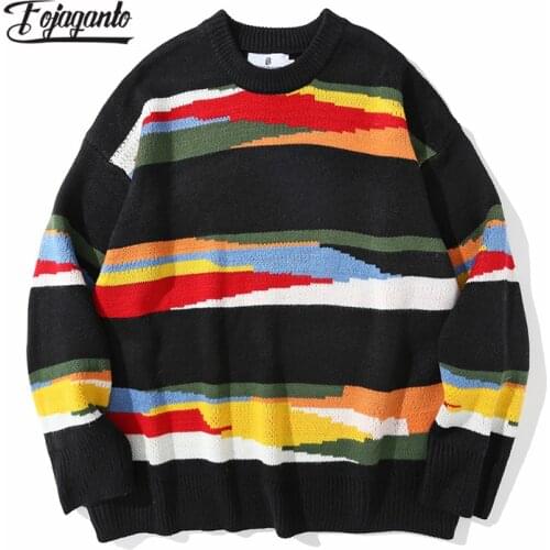 FOJAGANTO Autumn Sweater Men Korean Style Loose Color Stitching Jacquard Couple Pullover High Street Casual Knit Sweater Male