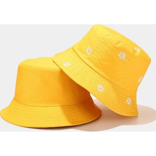 New Daisy Embroidery Bucket Hat Double-sided Panama Fisherman Hat Female Autumn Outdoor Sun Protection Cap Couple Visor Hat