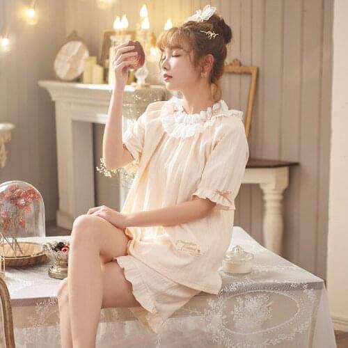 Wasteheart Summer Sexy Women Khaki Sleep Nightwear Cotton Suits Night Bow Pajama Sets Sleepwear 2 Pieces Short Lovely Homewear