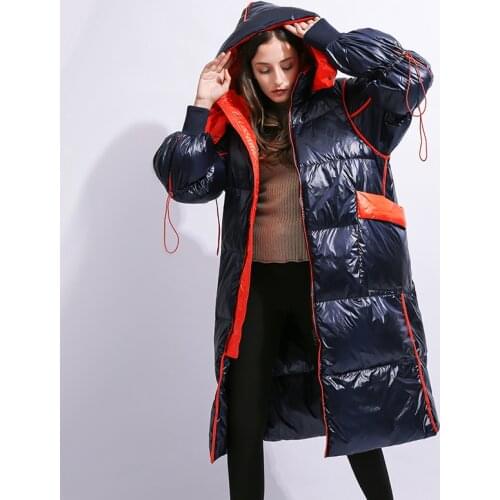 Winter red blue X-long thicker warm down jacket female glossy fabric warm jacket fluffy bread style duck down coat for cold F240