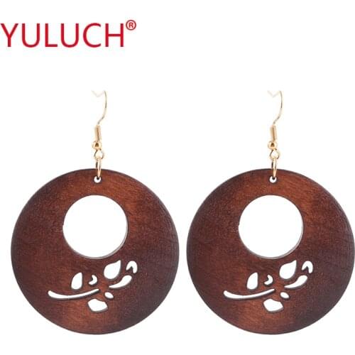 YULUCH Vintage National Jewelry Natural Wooden Round Hollow out Flower Pendant for Fashion African Woman Earrings Gifts