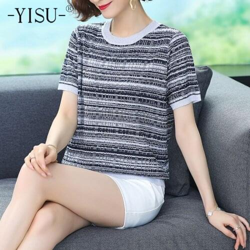 YISU Women Clothing Summer Casual Sweater O-Neck Wood grain pattern Short sleeve Loose Summer Tops Female Thin Knitted Pullover