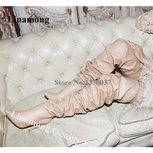 Sexy Women Winter Pointed Toe Leather Over Knee Stiletto Heel Boots Thigh High Loose High Heel Long Boots Customize Colors Shoes