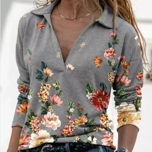 Women Spring Sweatshirts Vintage Long Sleeve Shirt Woman Floral Printed Blouses V Neck Pullover Ladies Casual Shirts Female Tops