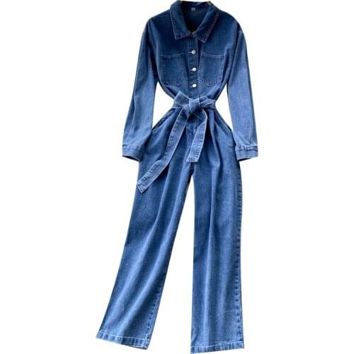 WIGADFHK Sexy Denim Jumpsuit Women Long Sleeve Belt Blue Winter Autumn Jeans Jumpsuit Women 2021 Casual Street Overalls