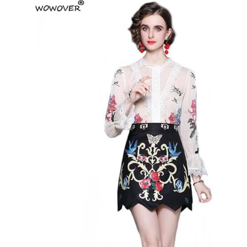 Fashion Summer Runway Suit Women 2021 New Designers Flare Sleeve Lace Patchwork Print Shirt and High Waist Skirt 2 Piece Sets