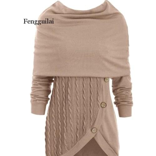 Women Plus size Solid Color Button Heap Collar Hooded Irregular Knitted Winter Warm Sweater Femme