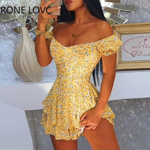 Women Floral Print V-Neck Ruffle Hem Dress Mini Dress Women Summer Dress