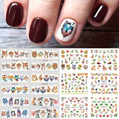 12pcs Water Nail Stickers Wolf Fox Cartoon Animal Cute Designs Sliders For Nail Decals DIY Manicure Decorations NFBN1285-1296