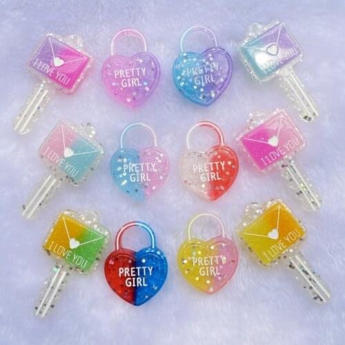 4pcs New Shining envelope simulation key Lock head Flatback Resin kawaii DIY Hang ornaments with holes E52