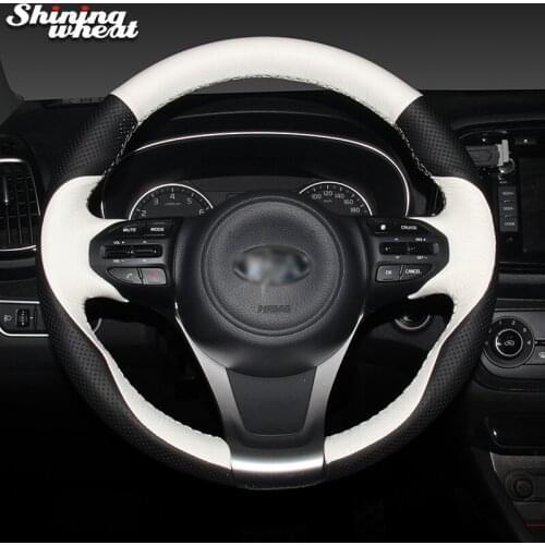 Shining wheat Black Genuine White Leather Car Steering Wheel Cover for Kia K5 Optima 2014 2015