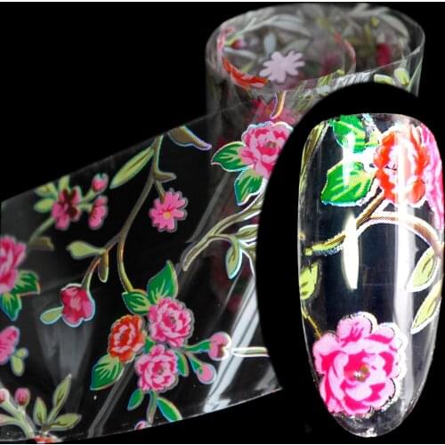 100cmx4cm Glitter Hot Pink Rose Flowers Nail Foil Sticker Glue Transfer Adhesive Decal DIY Beauty Wraps Nail Decoration GL44