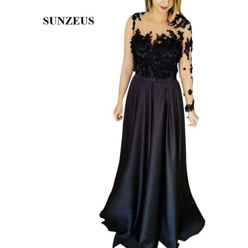 Illusion Tulle Neck Single Long Sleeves Black Wedding Guest Dress With Appliques Flowers Sexy Back Mother Of The Bride Gowns