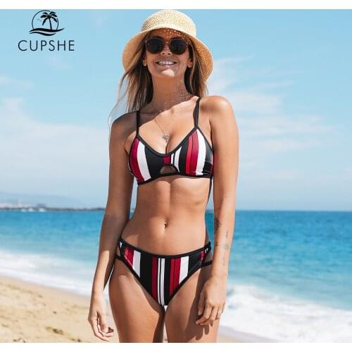 CUPSHE Red Black White Stripe Low Waist Bikini Sets Swimsuit For Women Sexy Cut Out Two Pieces Swimwear 2021 Beach Bathing Suit