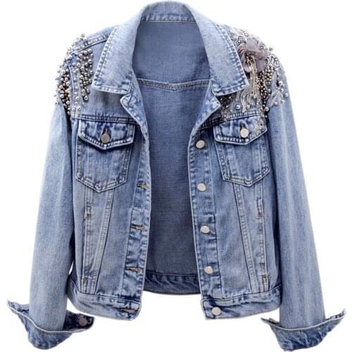 Denim jackets female short retention 2020 spring new wild beaded embroidery slim jacket long-sleeved shirt denim womens