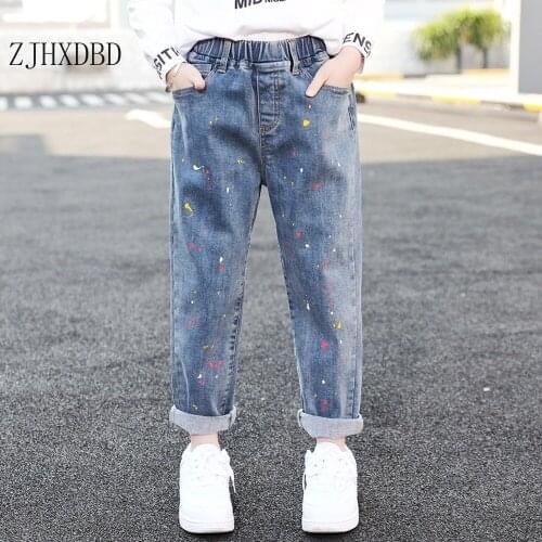 2020 Kids Jeans Girl Painting Print Girls Jeans Elastic Waist Jeans for Girls Spring Autumn Casual Clothes for Girls 6 8 10 12