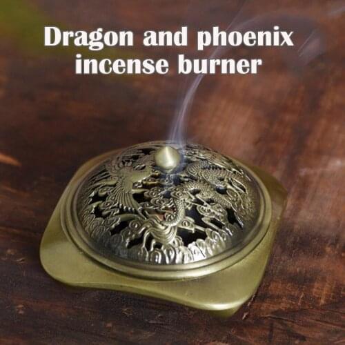Dragon Phoenix Incense Burner Antique Alloy Copper Aromatherapy Stove Home Sandalwood Coil Incense Burner For Buddha Ornaments