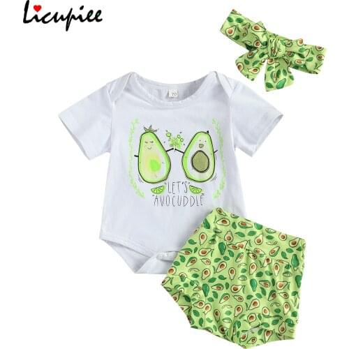 0-18 Months Baby Girl Romper Tops Pants Suit Avocado Printed Pattern Round Neck Short Sleeve Shirt Loose Summer Shorts Headband