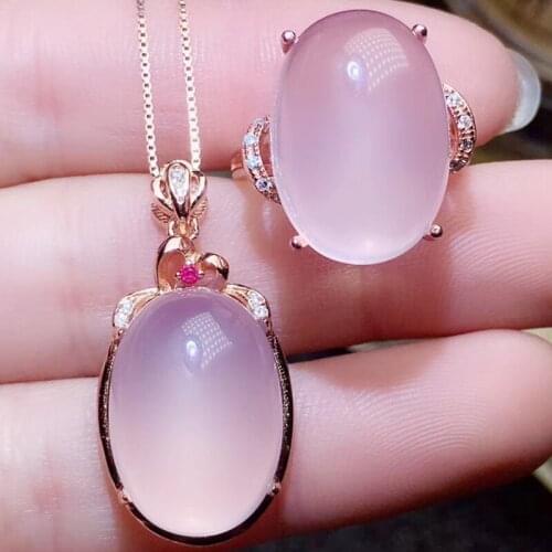 Per jewelry Natural real rose quartz jewelry set 1pc ring 1pc pendant 13ct*2pcs big gemstone 925 sterling silver R2031912