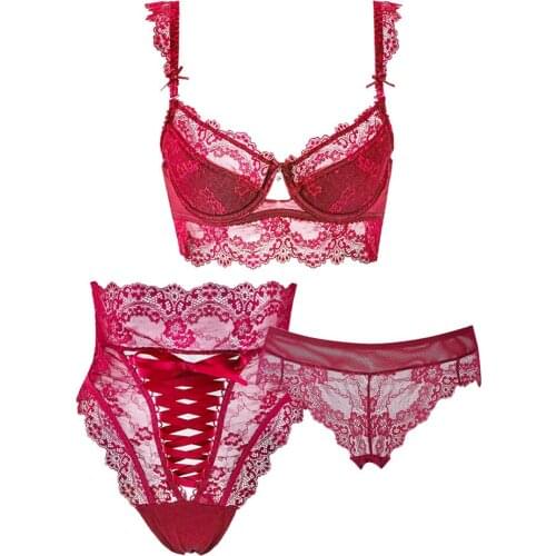 Sexy Lace Large Size Bra Set Lingerie Ladies Temptation Lace Satin High Waist Lace-up Panties+Mid Waist Briefs+Bra 3pcs/pack