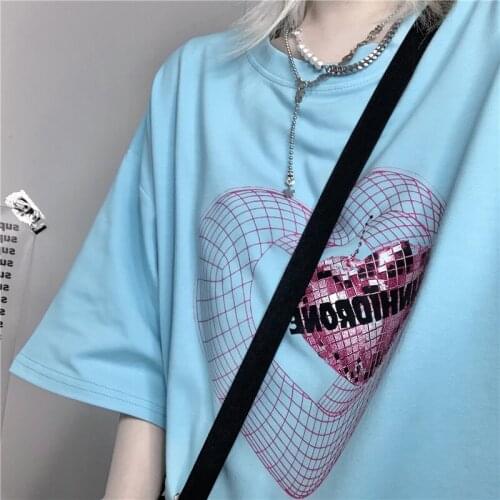 Summer Hip-Hop Grid Love Oversized Womens Short-Sleeved t-Shirt Couple Tops kpop Korean Fashion Emo Aesthetic Grunge Clothes