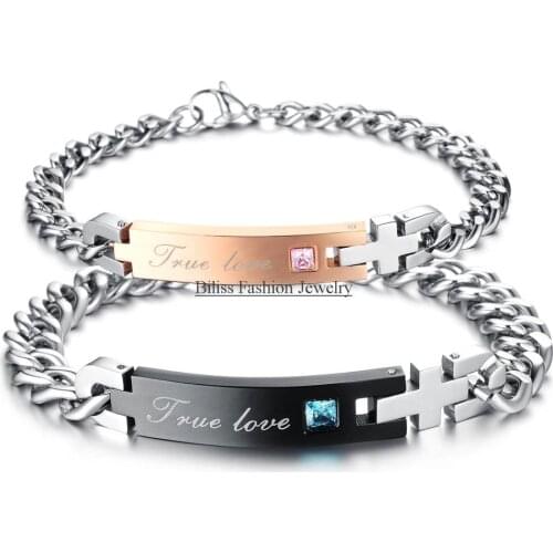 Fashion Stainless Steel "True Love" Couple Chain Bracelet Bangles with Rhinestone Id bracelets For Women Mens